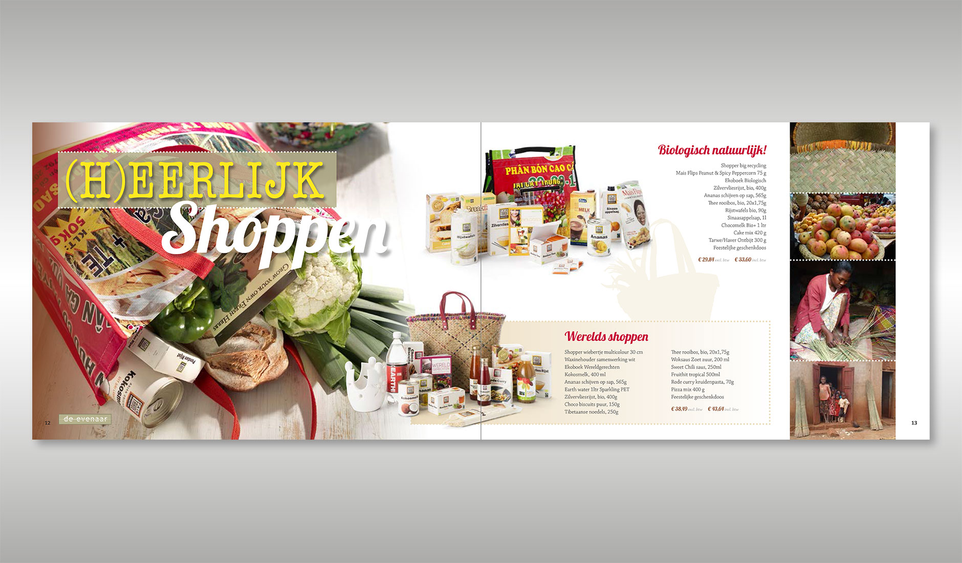 Spread ‘(H)Erlijk shoppen’ in de kerstfolder van De Evenaar.